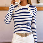 Women's Striped Crew Neck Knit Top Causal Gold Button Detail Long Sleeve Top