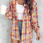 Colorblock Plaid Print Hooded Distressed Button Front Coat Shacket