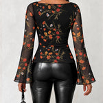 Women's Vintage Floral Mesh Cowl Neck Ruched Side Flare Long Sleeve Top
