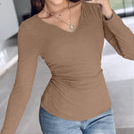 Chicme Built In Bra Notch Neck Long Sleeve Shirts Rib Knit Ruched Waist Top