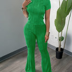 2 Pieces Outfit Round Neck Short Sleeve Crop Top and Elastic Waist Flared Pants Set Slim Fit Textured Set (Multiple Colors Available)
