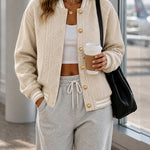 Women's Cable Crop Bomber Jacket Casual Long Sleeve Button Front Coat
