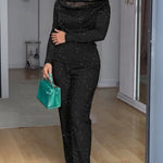 2 Pieces Outfit Cowl Neck Lace Spliced Long Sleeve Top and Elastic Waist Wide Leg Pants Set Casual Glitter Set