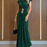 Women's Boat Neck Ruched Maxi Dress Gold Buckle Cap Sleeve Formal Evening Gown