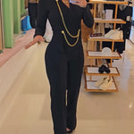 Chain & Button Decor Notched Collar Overlap V-Neck Slit Spliced Overalls Casual High Waist Seam Front Zipper Back Jumpsuit