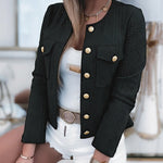 Women's French Style Cropped Jacket Round Neck Gold Button Coat Argyle Cable Jacquard Knit Outerwear