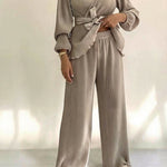 2 Pieces Outfit Overlap V-Neck Lantern Sleeve Tie Waist Ruffle Hem Top and Elastic Waist Wide Leg Pants Set Vintage Frill Hem Satin Pleated Commuting Set
