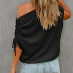 Skew Neck Drawstring Sleeve Loose Fit Casual Top