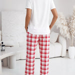2 Pieces Outfit Cherry & Bowknot Print Short Sleeve Top and Plaid Print Elastic Waist Pants Set Casual Pajamas Set