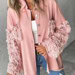 Sequin Decor Turn-down Collar Button Front Pockets Design Denim Coat Casual Fuzzy Spliced Raw Trim Shacket