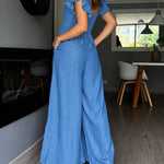 V-Neck Flutter Sleeve Cinched Waist Wide Leg Denim Look Overalls Casual High Waist Backless Shirred Back Jumpsuit