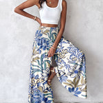 Vintage Floral Print High Waist Shirred Elastic Waist Wide Leg Pants