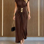 Women's Boat Neck Ruched Maxi Dress Gold Buckle Cap Sleeve Formal Evening Gown