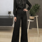 2 Pieces Outfit Stand Collar Button Front Ruffles Spliced Top and High Waist Straight Leg Pants Set Casual Polka Dot Print Commuting Set
