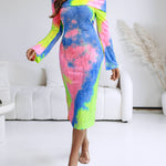 Tie Dye Print Foldover Off Shoulder Long Sleeve Textured Bodycon Dress Casual Ripped Detail High Strech Vacation Dress