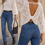 Women's Sheer Floral Lace Backless Bowknot Blouse Lantern Sleeve Crop Top