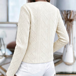 Women's French Style Cropped Jacket Round Neck Gold Button Coat Argyle Cable Jacquard Knit Outerwear