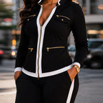 Women's 2 Piece Set Two-Way Zipper Front Stand Collar Top and High Waist Straight Leg Pants Casual Tracksuit