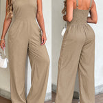 V-Neck Adjustable Thick Straps Denim Overalls Casual Shirred Back Wide Leg Suspender Jumpsuit