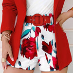 Women's 2-Piece Outfit Single-Breasted Blazer and Floral Print Shorts Set with Belt