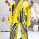 2 Pieces Outfit Plants Print Cold Shoulder Batwing Sleeve Top and Casual Wide Leg Pants Set