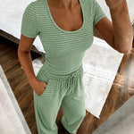 Women's 2 Piece Striped Pajama Set Short Sleeve Square Neck Crop Top and Wide Leg Pants Casual Loungewear
