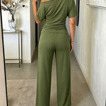 Women's Skew Neck 2 Piece Outfits Ruched Tie Waist Short Sleeve Top and High Waisted Wide Leg Pants Lounge Set