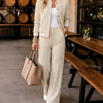 Women's 2 Piece Cable Knit Tracksuit Baseball Collar Crop Coat and High Waist Pants Set