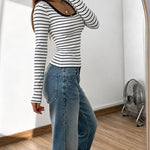 Women's Striped U-Neck Long Sleeve Top Contrast Trim Fitted T Shirt