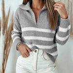 Women's Half Zip Striped Sweater Colorblock Turn-down Collar Knit Pullover Drop Shoulder Loose Fit Top