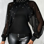 Pearls Decor High Neck Chiffon Draped Cape-style Cloak Sleeve Spliced Tee Ruched Hollow-out Back Slim Fit Top