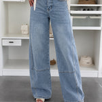 Women's High Waist Seam Detail Washed Wide Leg Cropped Jeans