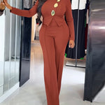 Golden Button Decor Long Sleeve Seam Front Overalls Casual Zipper Back Faux Two-Piece Commuting Jumpsuit