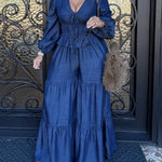 Two-Piece Set Faux Denim Lantern Sleeve Plunge V Neck Lace Up Top and Casua Wide Leg Flared Pants Set