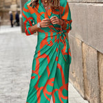 Abstract Print Turn-down Collar Tied Detail Ruched Dress Casual Wrap Front Vacation Dress
