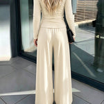 Women's 2 Piece Knit Lounge Set Long Sleeve Tie Waist Top and High Waisted Wide Leg Pants Casual Soft Sweatsuit with Pockets