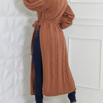 Cable Textured High Neck Lantern Sleeve Bow Tie Waist Sweater Casual High Slit Knit Longline Top