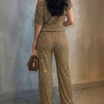 Women's Two-Piece Rhinestone Lounge Suit Skew Neck Top and Wide-Leg Pant Set Elegant Commuter Outfit with Pockets