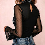 Women's Rhinestone Sheer Mesh Patchwork Cutout Mock Neck Long Sleeve Top