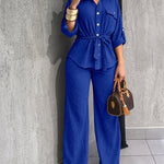 2 Pieces Outfit Vintage Turn-down Collar Roll Up Sleeve Button Front Flap Pocket Design Waist Drawstring Top and Elastic Waist Wide Leg Pants Set Casual Textured Commuting Set
