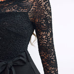 Off Shoulder Long Sleeve Eyelash Lace Spliced Slim Fit Overalls Casual Zipper Back Jumpsuit with Belt