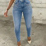 Rhinestone Decor High Waist Zipper Fly Skinny Jeans Washed Denim Pants without Belt