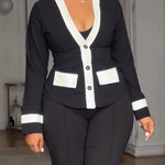 Women's Contrast Binding Coat Casual Slim Fit V Neck Jacket Button Front Office Business Workwear