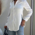 Turn-down Collar Roll Up Sleeve Button Front Shirt Casual Side Slit Curved Hem Top