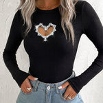 Women's Rhinestone Heart Hollow-out Long Sleeve Ribbed Knit Fitted Top