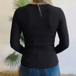 Women's Crewneck Rhinestone Ribbed Knit Top Slim Fit Long Sleeve Top