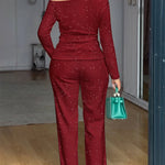2 Pieces Outfit Cowl Neck Lace Spliced Long Sleeve Top and Elastic Waist Wide Leg Pants Set Casual Glitter Set