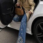 Women's High Waisted Floral Embroidered Flare Jeans Washed Denim Pants