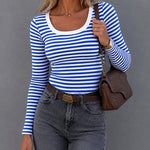 Women's Striped Ribbed U-Neck Long Sleeve Top Slim Fit Contrast Trim Tee