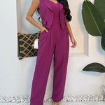 2 Pieces Outfit Sleeveless Notched Collar Crop Vest and Casual Spaghetti Strap Wide Leg Jumpsuit
